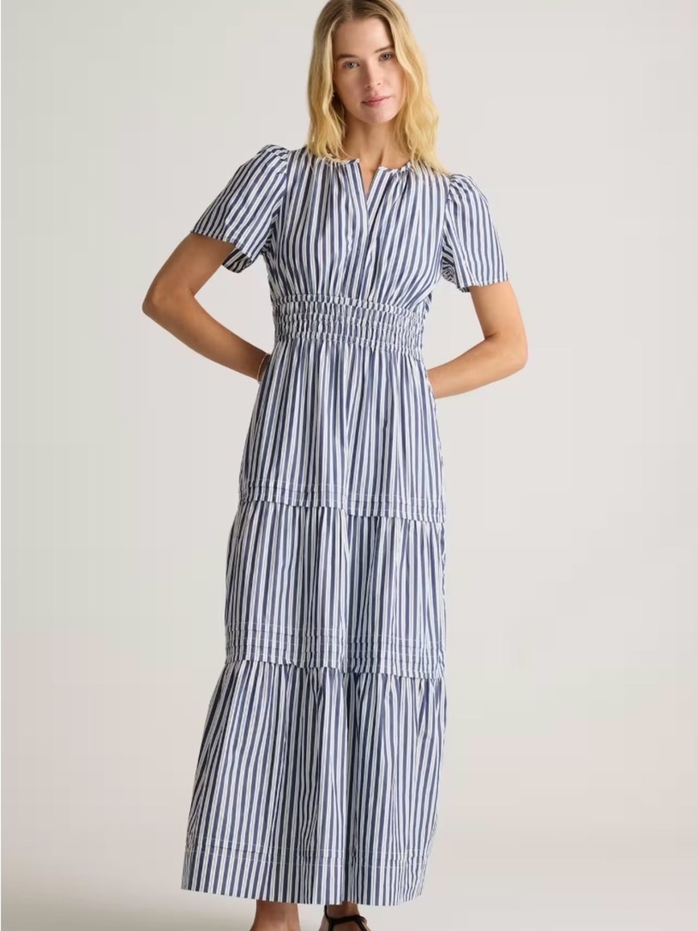 Quince 100% Organic Cotton Poplin Tiered Maxi Dress Navy and White Hudson